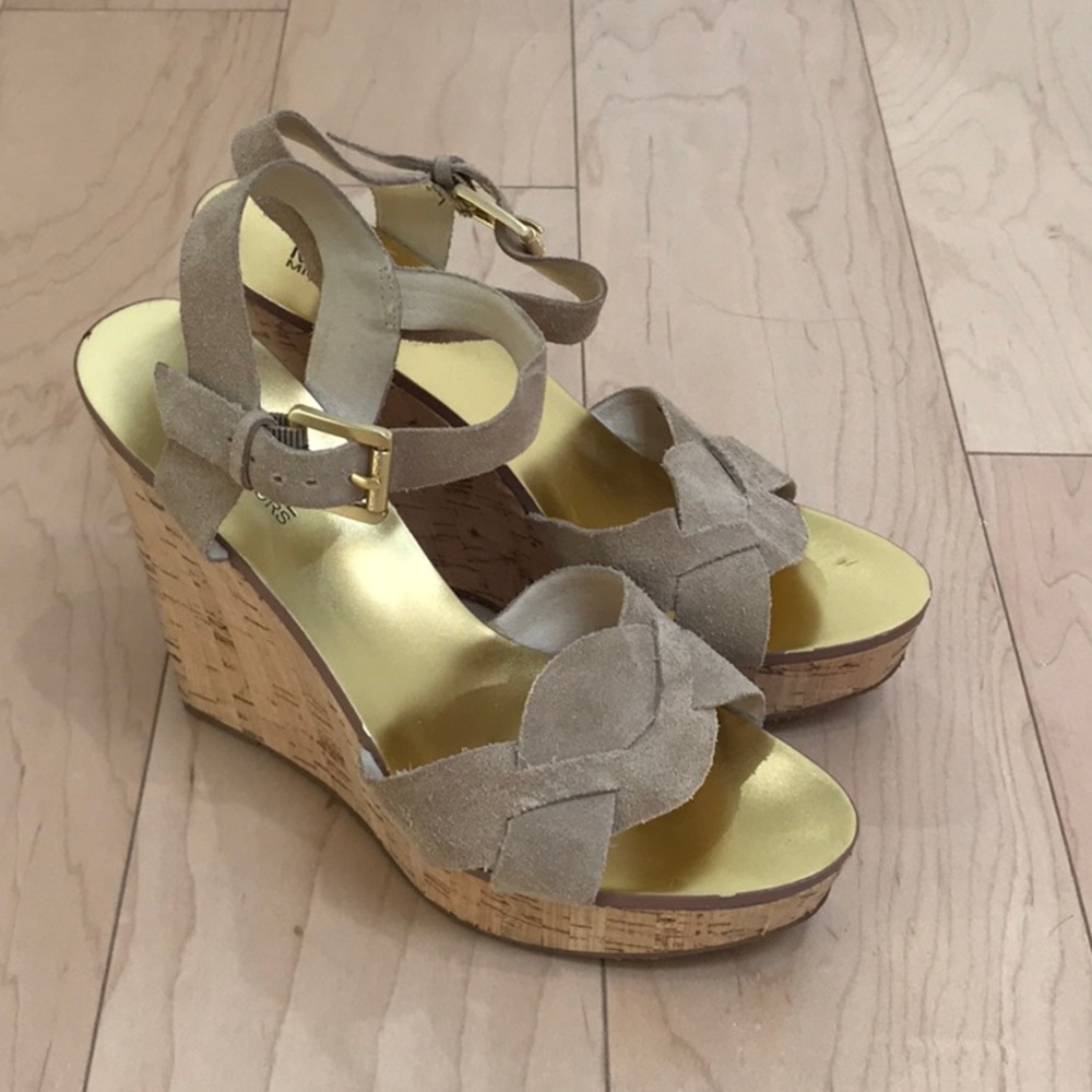 Michael Kora suede and gold wedge sandals